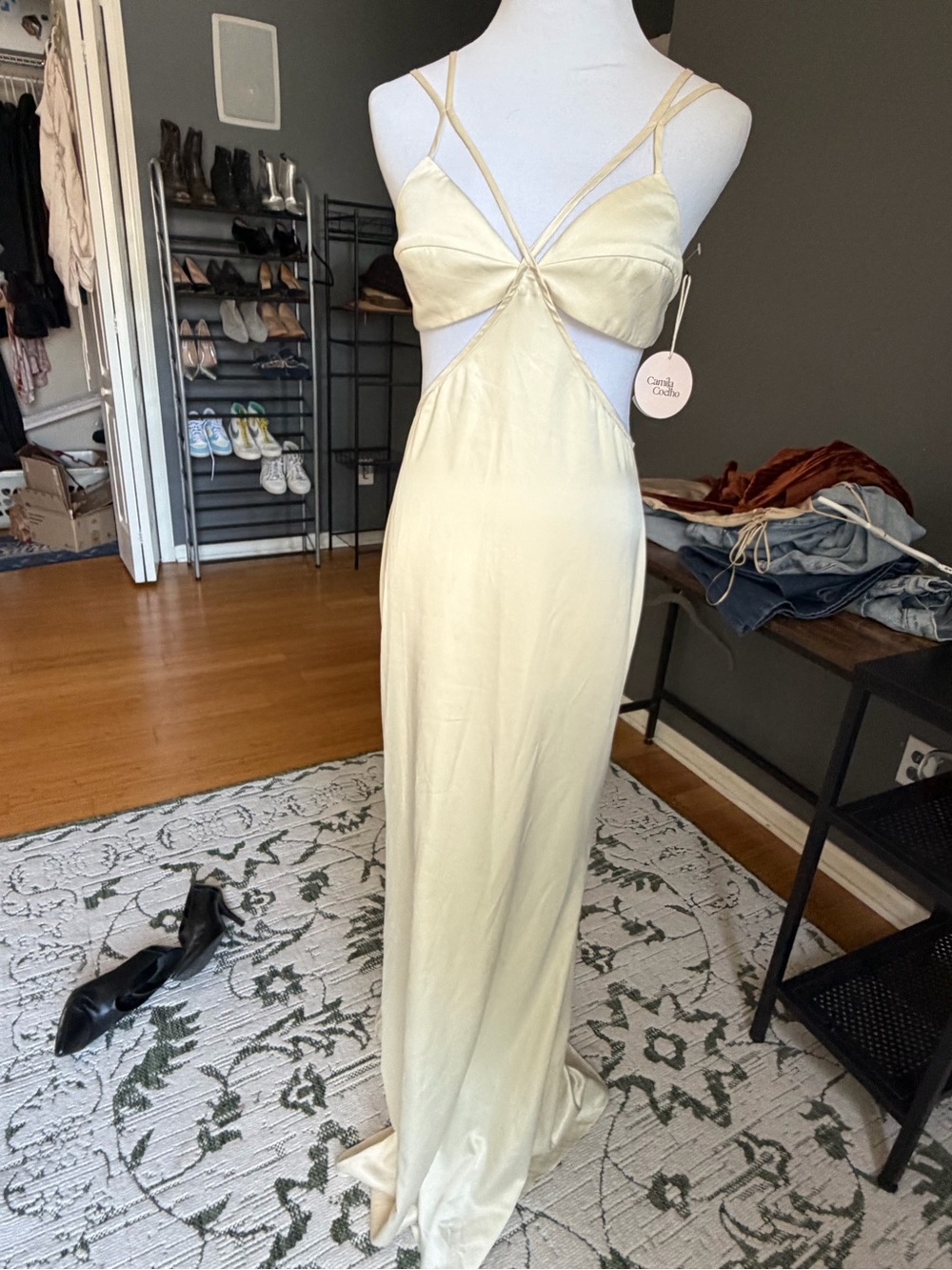 Camila Coelho Pale Yellow Cutout Slip Maxi Dress